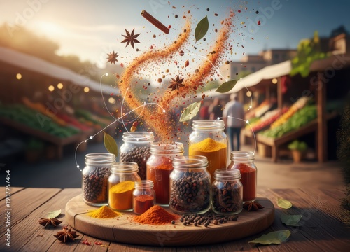 A table with a variety of spices in jars, including cumin, paprika, and turmeric
