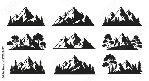 Black and white mountain range silhouettes with varying tree compositions