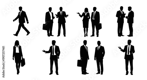 Silhouettes of business people in various poses and professional attire