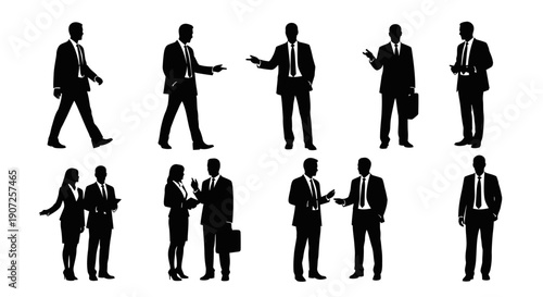 Silhouettes of business people in various poses and interactions