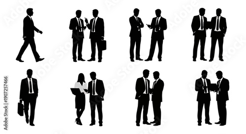 Silhouettes of business people in various interactions and poses