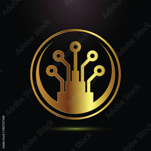 Golden Fiber optic cable icon. Electric wire sign
