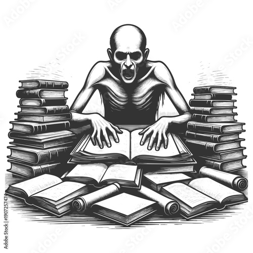 skeletal figure hunched over a towering stack of books, symbolizing obsessive pursuit of knowledge sketch engraving generative ai vector illustration. Scratch board imitation. Black and white image.
