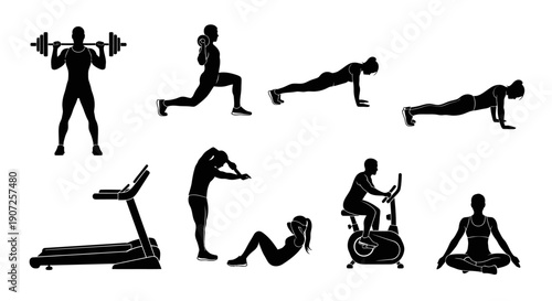 Silhouettes of people performing various fitness exercises and yoga poses