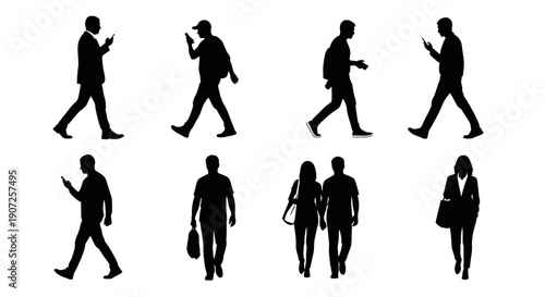 Silhouettes of people walking in various poses and outfits