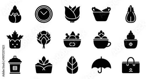 Collection of black silhouette icons representing various objects and natural elements