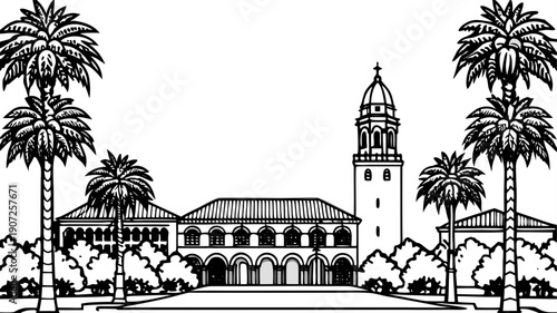 Very beautiful architectural view with tall palm trees on Stanford University campus, showcasing warm sandstone buildings, open walkways, balanced symmetry, and relaxed California academic atmosphere.