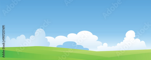 Minimalist illustration of green rolling hills under a bright blue sky with soft white clouds. Fresh and calm natural landscape ideal for backgrounds, environmental themes, and modern design.