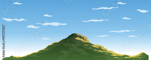 Minimalist illustration of a green mountain peak under a clear blue sky with small clouds. Bright natural landscape conveying freshness, freedom, and calm, ideal for backgrounds and modern design.