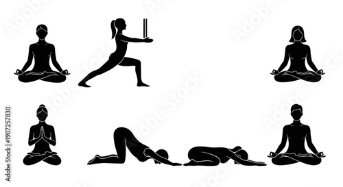Silhouettes of people performing various yoga poses in a sequence
