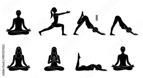 Silhouettes of various yoga poses displayed in a linear arrangement