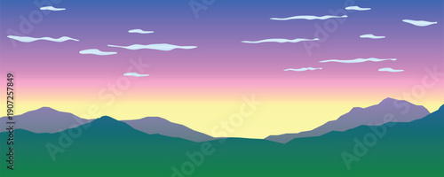 Minimalist sunrise landscape with layered mountains, soft clouds, and a colorful gradient sky. Calm natural scene conveying freshness and openness, ideal for backgrounds and modern design.
