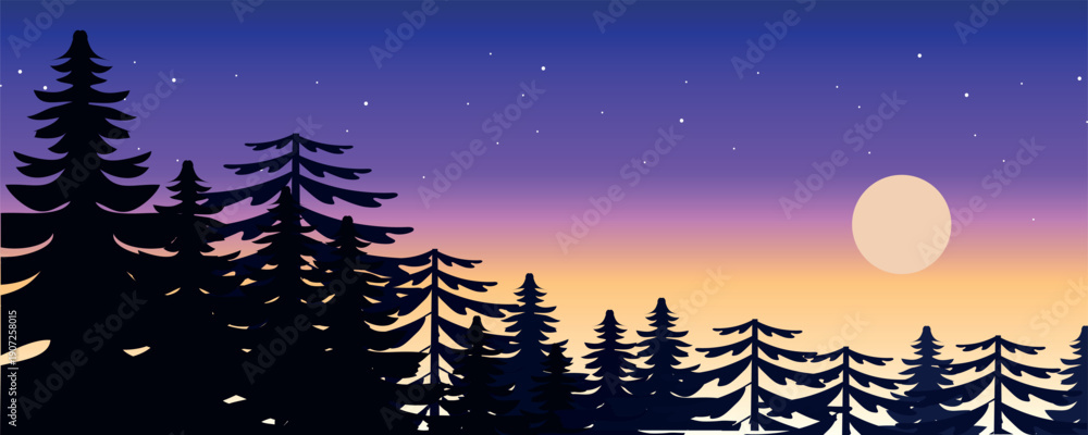 Fototapeta premium MobileMinimalist dusk landscape with pine forest silhouettes, glowing moon, and a soft gradient sky. Calm and atmospheric nature scene ideal for backgrounds and modern design projects.