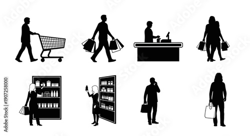Black silhouettes depicting people shopping and working in a retail environment