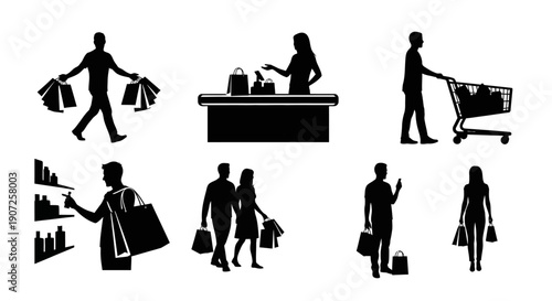 Silhouettes of people shopping and interacting at a store checkout