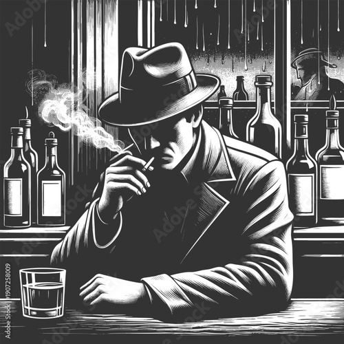 solitary man in a fedora sitting at a bar, with a mysterious figure silhouetted in the window sketch engraving generative ai vector illustration. Scratch board imitation. Black and white image.