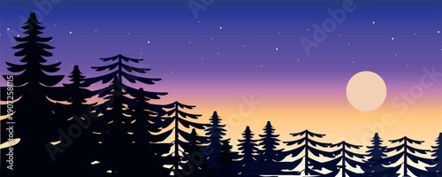 MobileMinimalist dusk landscape with pine forest silhouettes, glowing moon, and a soft gradient sky. Calm and atmospheric nature scene ideal for backgrounds and modern design projects.
