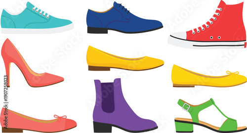 Colorful Footwear Illustration Set with Sneakers Formal Shoes High Heels Flats Boots and Sandals for Fashion Ecommerce and Vector Design Projects