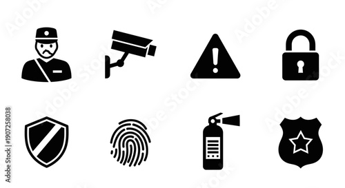 Security icons including a police officer surveillance and safety symbols