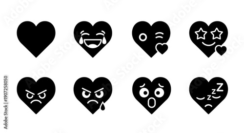 Black silhouette icons of hearts with various emotive faces