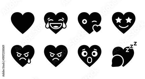 Collection of black heart shaped emoticons displaying various expressions