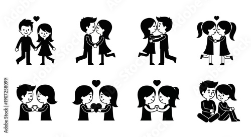 Black and white illustrations depicting couples in various affectionate poses