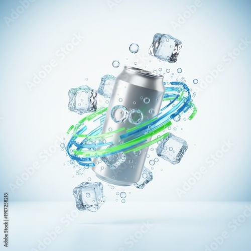 A can of soda is surrounded by ice and bubbles