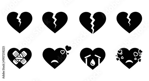 Collection of black heart icons depicting various states of damage and emotion