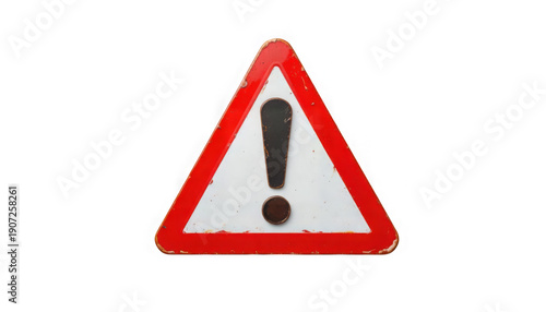 Close up of a weathered triangular road sign featuring a black exclamation mark symbol indicating general warning on transparent background