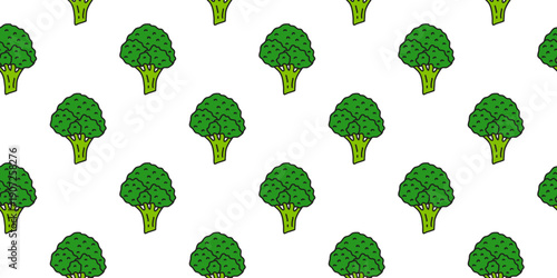Cute seamless pattern with doodle broccoli vegetables on white background.