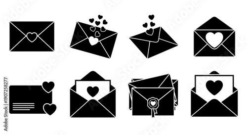 Collection of black silhouette icons depicting love letters and cards
