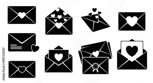 Collection of black silhouette envelopes with hearts representing love and correspondence