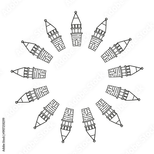 Cute round frame with doodle outline wooden churches or towers isolated on white background.