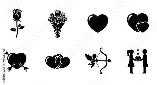 Black silhouettes of roses hearts and romantic symbols