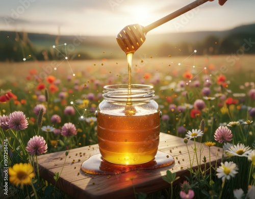 A jar of honey is poured out onto a wooden table in a field of flowers