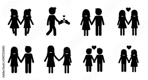 Diverse couples holding hands and showing affection in simple black silhouettes