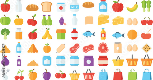 Colorful Grocery Food Icon Set with Fruits Vegetables Meat Dairy Bread Drinks and Shopping Baskets for Supermarket Vector Designs