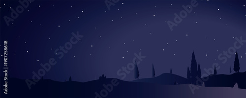 Minimalist night landscape with dark hills, trees silhouettes, and a starry sky. Calm atmospheric scene evoking mystery and silence, ideal for backgrounds, nature themes, and modern design.