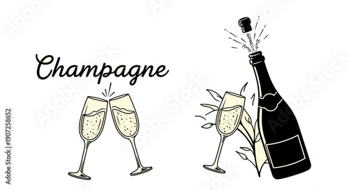 Champagne bottle and glasses in a vintage hand drawn style illustration