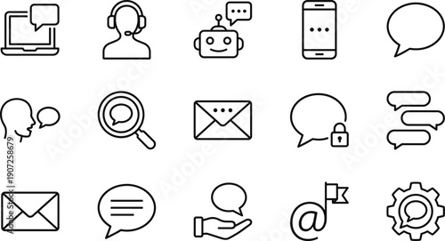 Linear vector icon set for customer support and communication featuring chatbots help desk agents speech bubbles secure messaging email alerts and digital talk symbols