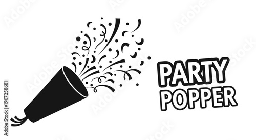 A black and white illustration of a party popper bursting with confetti