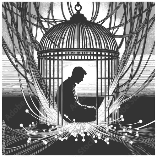 man sitting inside a birdcage surrounded by glowing data cables, symbolizing digital entrapment and loneliness sketch engraving generative ai vector illustration. Scratch board. Black and white image.