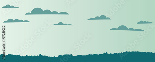 Minimalist illustration of a green field with bushes under a clear blue sky and soft clouds. Calm natural landscape ideal for backgrounds, environmental themes, and modern design.