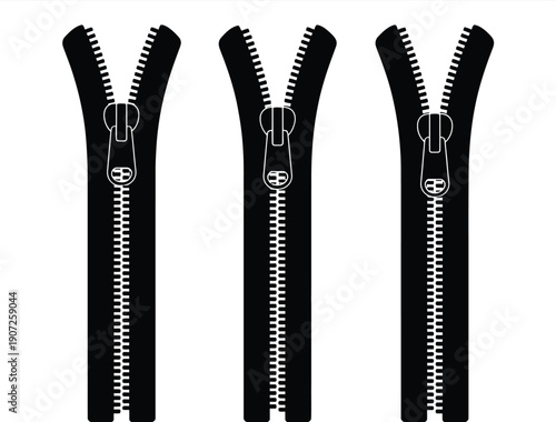 Three open zippers in a row, a minimalist graphic design on a white background