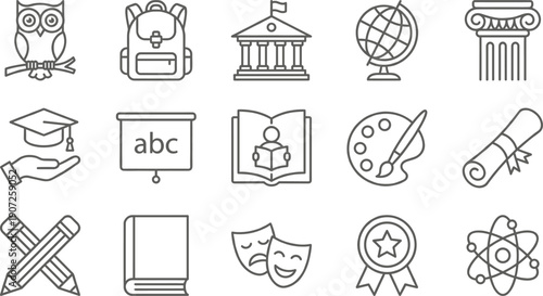 Linear vector icon set for education and academic learning featuring an owl backpack school building globe graduation cap book palette diploma pencils and atom