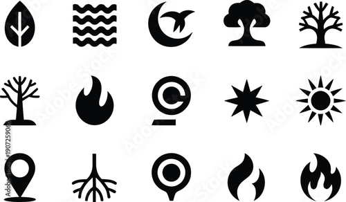 A diverse collection of minimalist geometric icons depicting natural elements and abstract concepts, perfect for graphic design patterns and user interface design