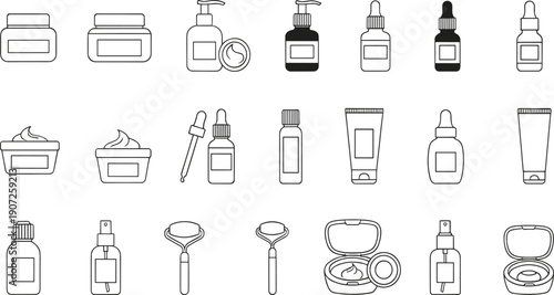 Cosmetic Packaging Line Icon Set with Cream Jars Serum Bottles Droppers Tubes and Skincare Containers for Beauty Apps and Vector Designs
