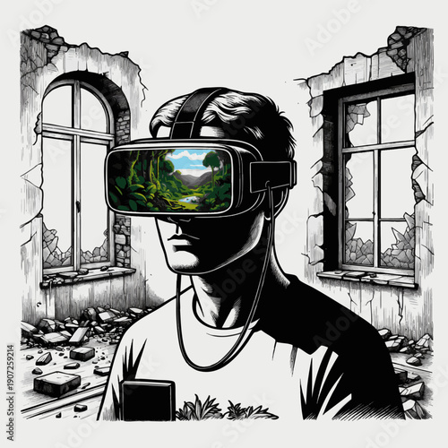 man wearing a virtual reality headset, immersed in a lush digital world while standing in a crumbling room sketch engraving generative ai vector illustration. Scratch board. Black and white image.