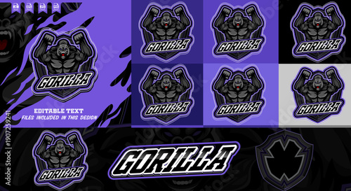 Powerful modern roaring muscular gorilla e-sports mascot logo design shied emblem, editable vector for sports, e-sport team & brands, badge, emblem and t-shirt printing.eps