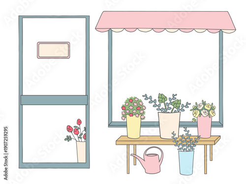 Vector illustration of a cozy flower shop facade with door, awning and window display. Potted flowers and plants on a table with watering can, isolated on white background.